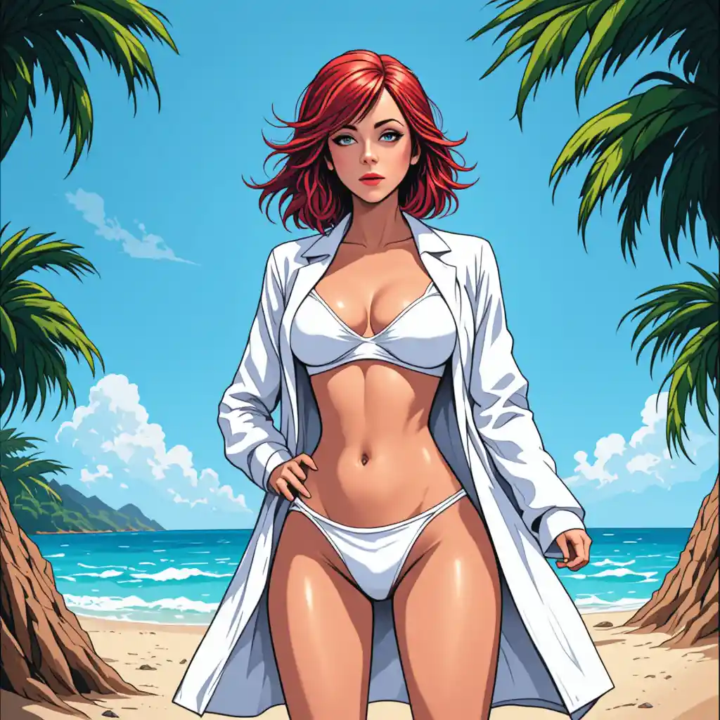 Comic style woman in lab coat and bikini on blue backdrop