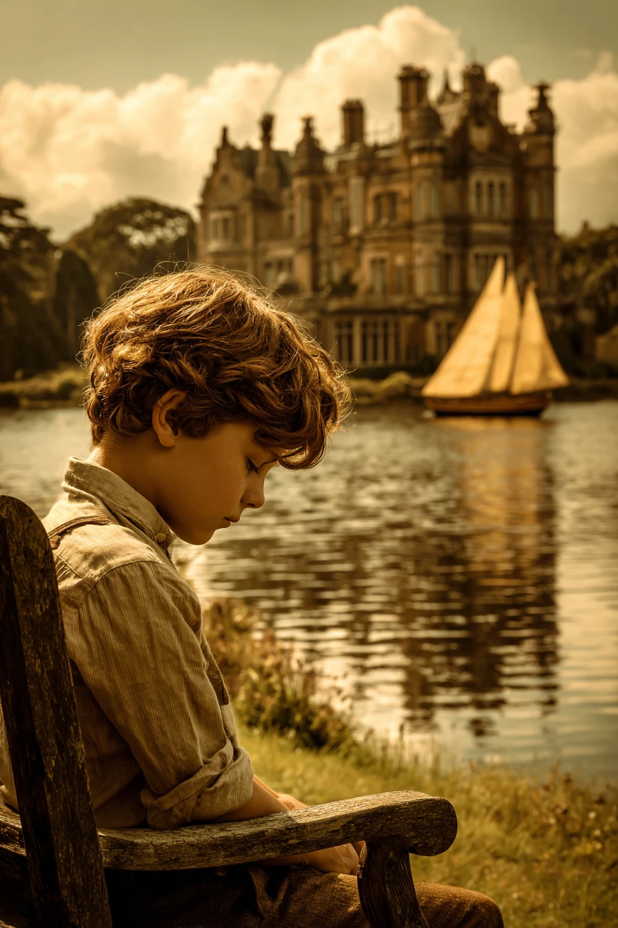 Boy on a wooden bench gazing over a quiet lake