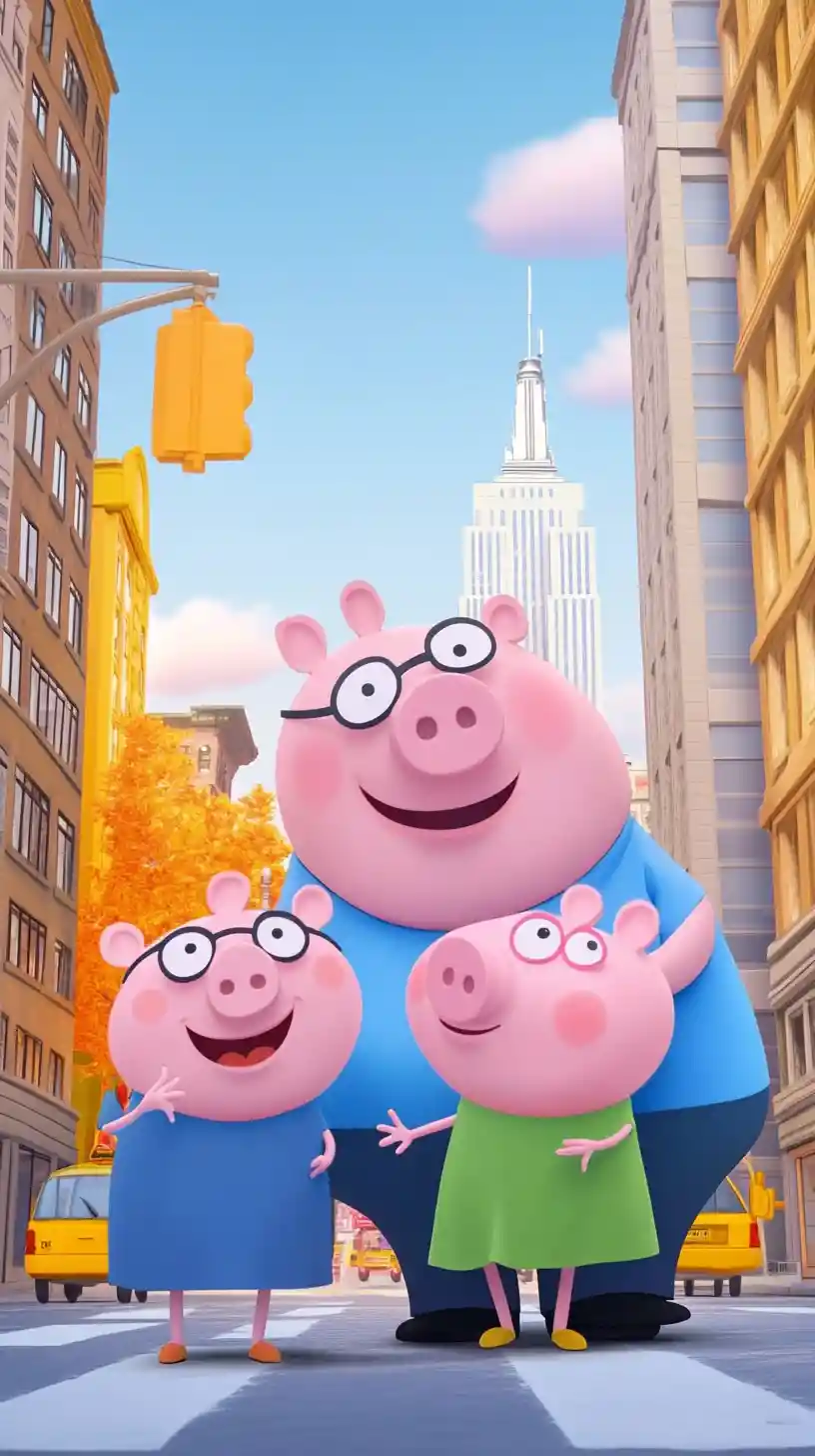 Cartoon pig family happily shopping on a busy city street