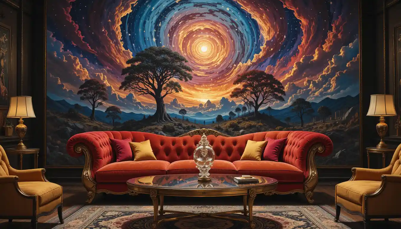 Surreal red velvet couch before a swirling cosmic painting