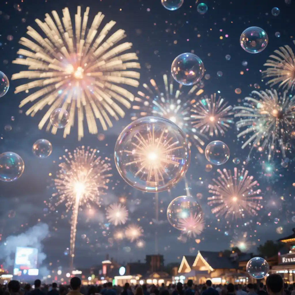 Night fireworks and glowing bubbles at a Japanese summer festival