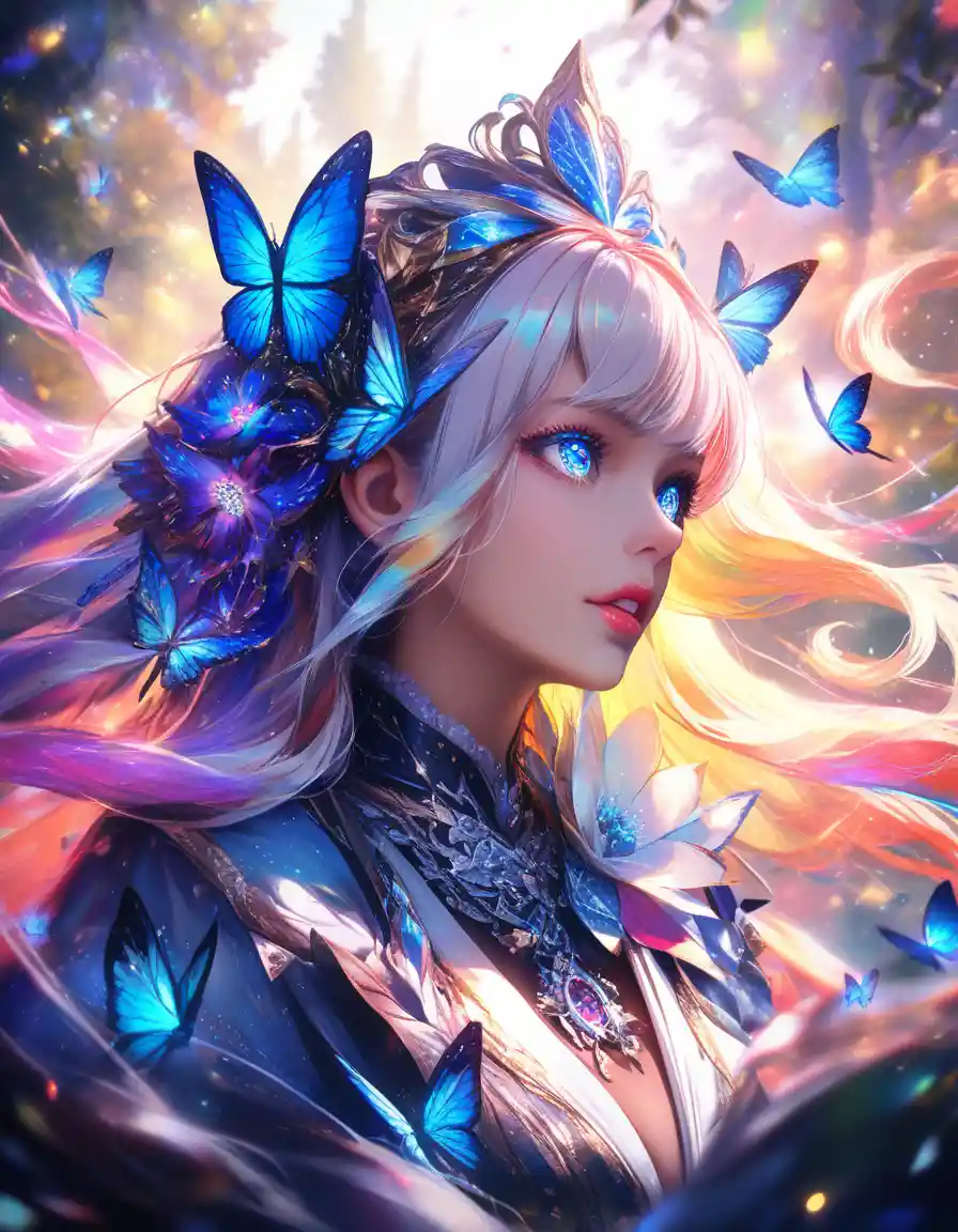 Fantasy doll girl in a glowing enchanted winter forest