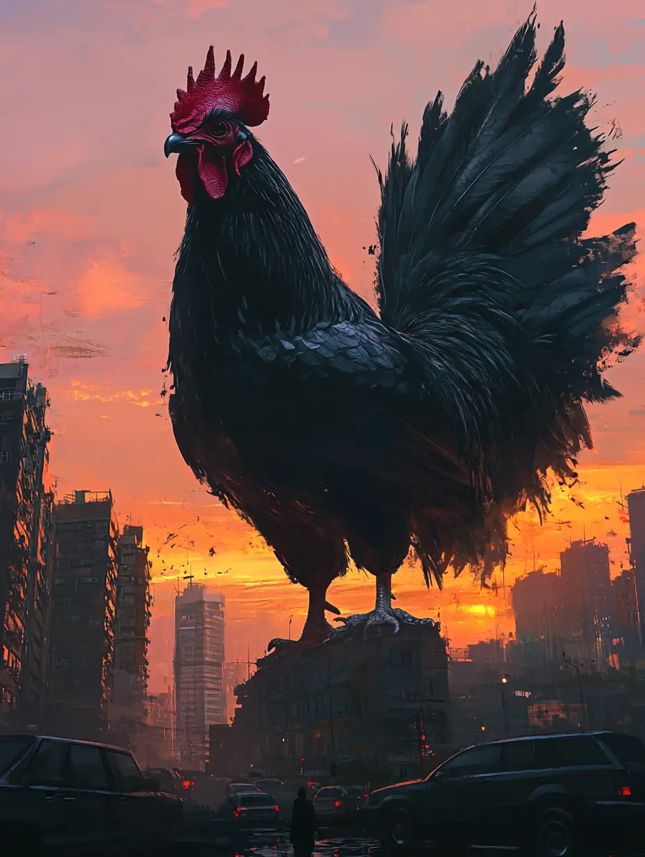 Gigantic Black Rooster Towers Over City At Sunrise