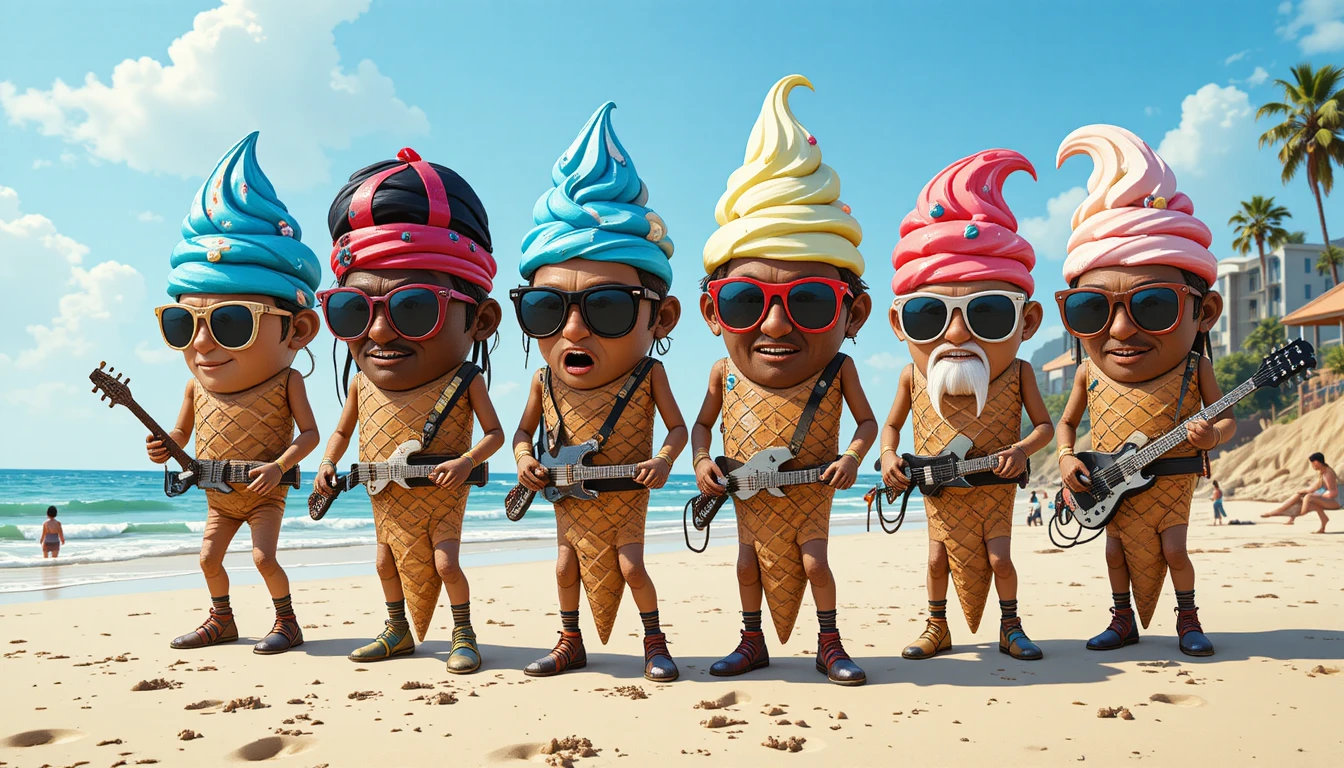 Anthropomorphic ice cream cones hanging out on a sunny beach