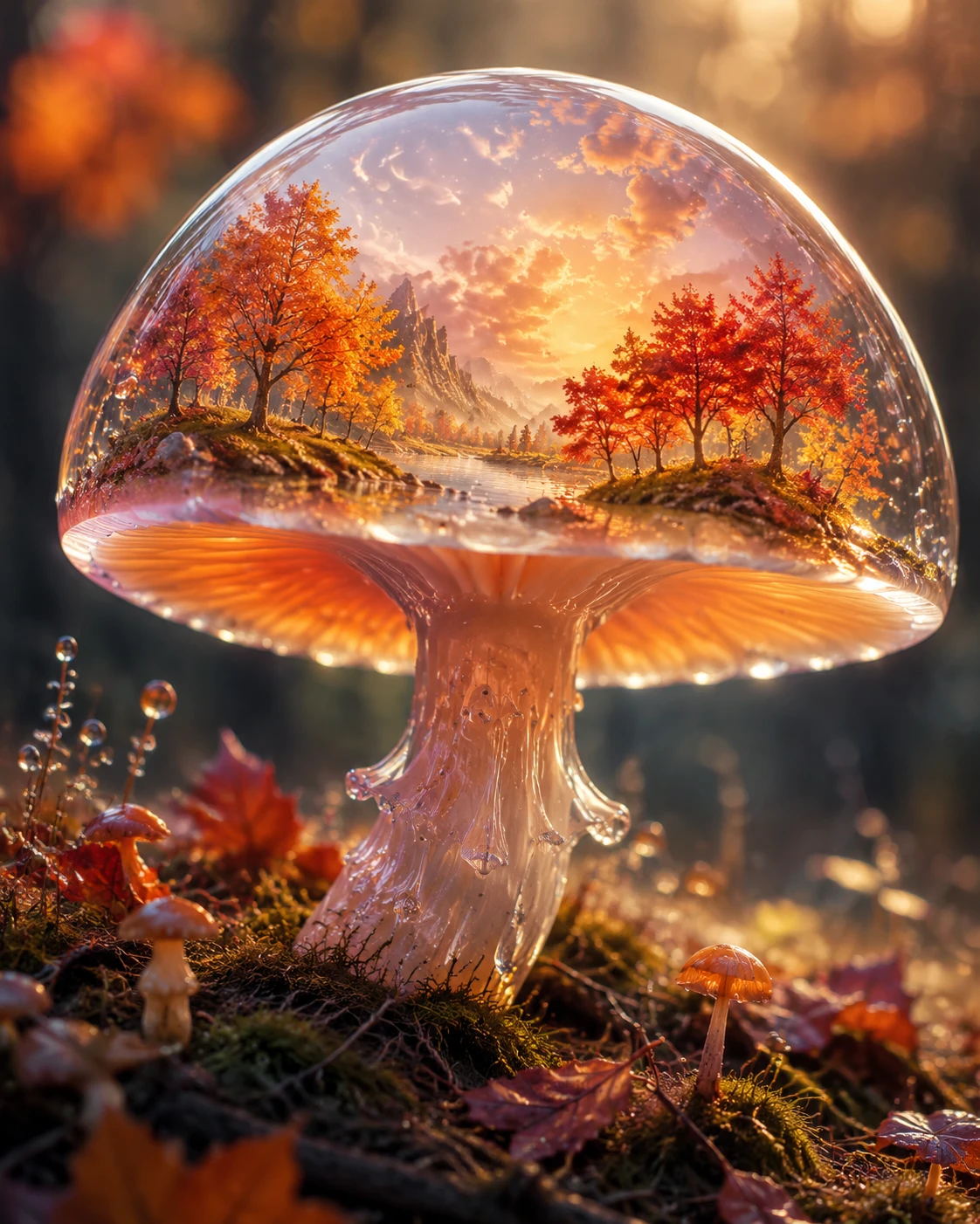 Transparenter Pilz, der eine friedliche Herbstlandschaft offenbart