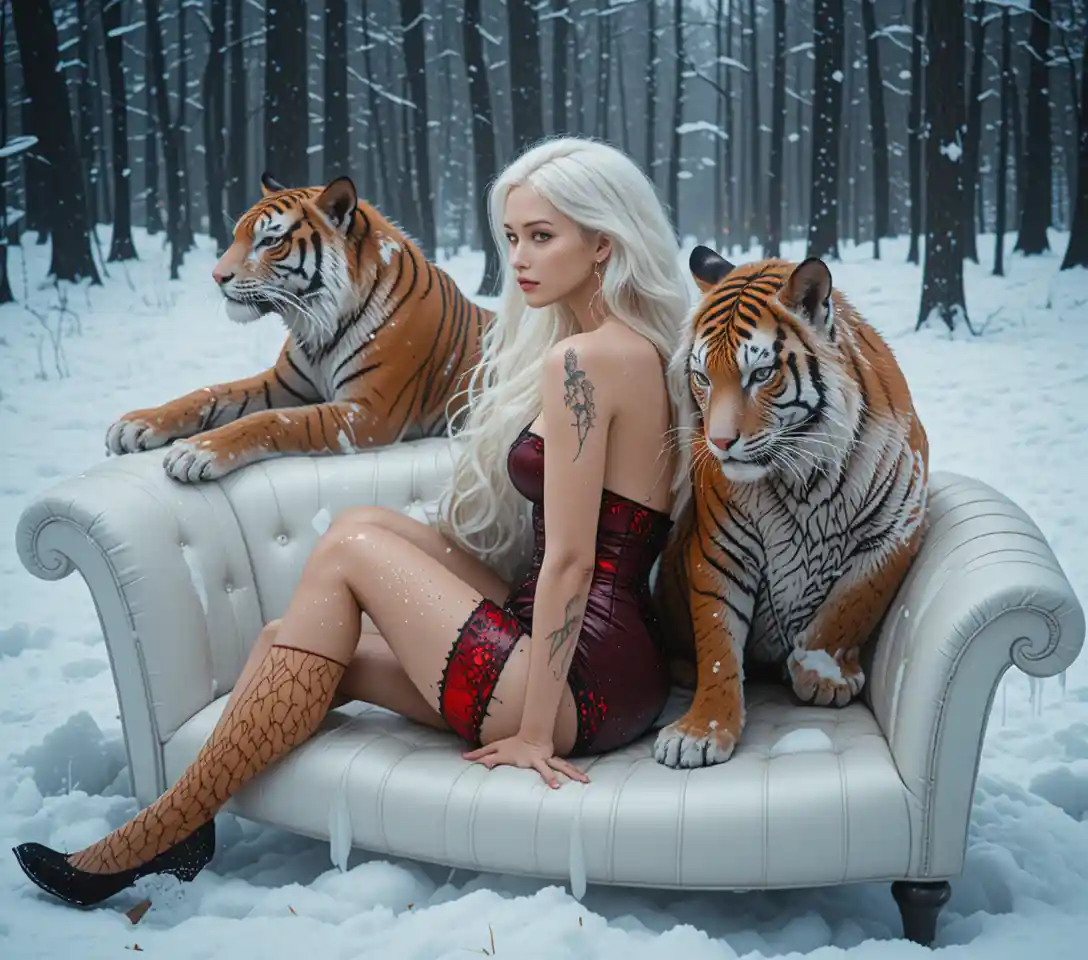 Sensual blonde warrior woman on white leather sofa