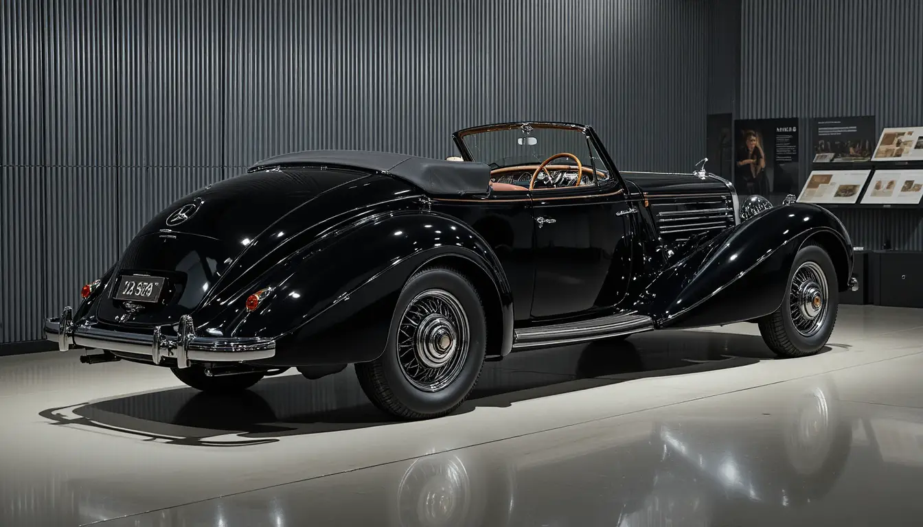 Black 1938 classic cabriolet displayed in a quiet museum