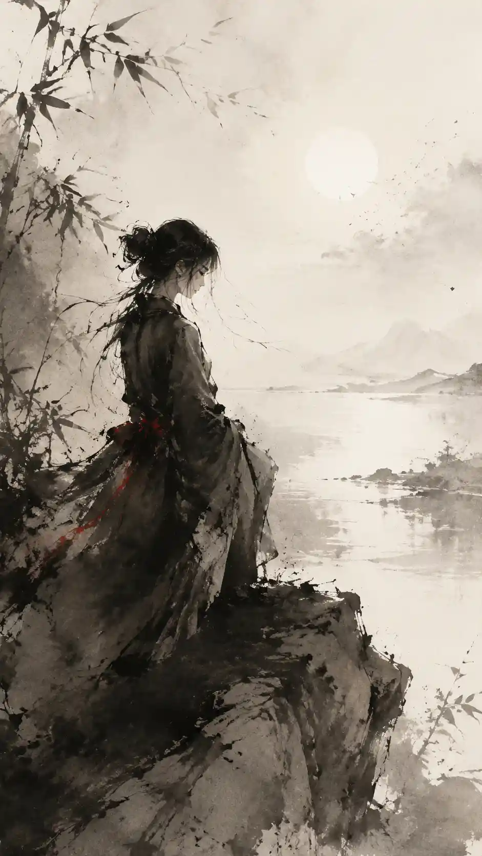 Lonely girl in expressive Japanese ink brush portrait