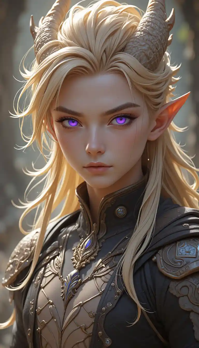 Young dragon man with glowing violet eyes and antler horns
