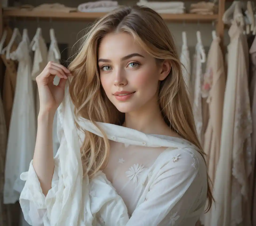 Young blonde woman in towel in soft closet light