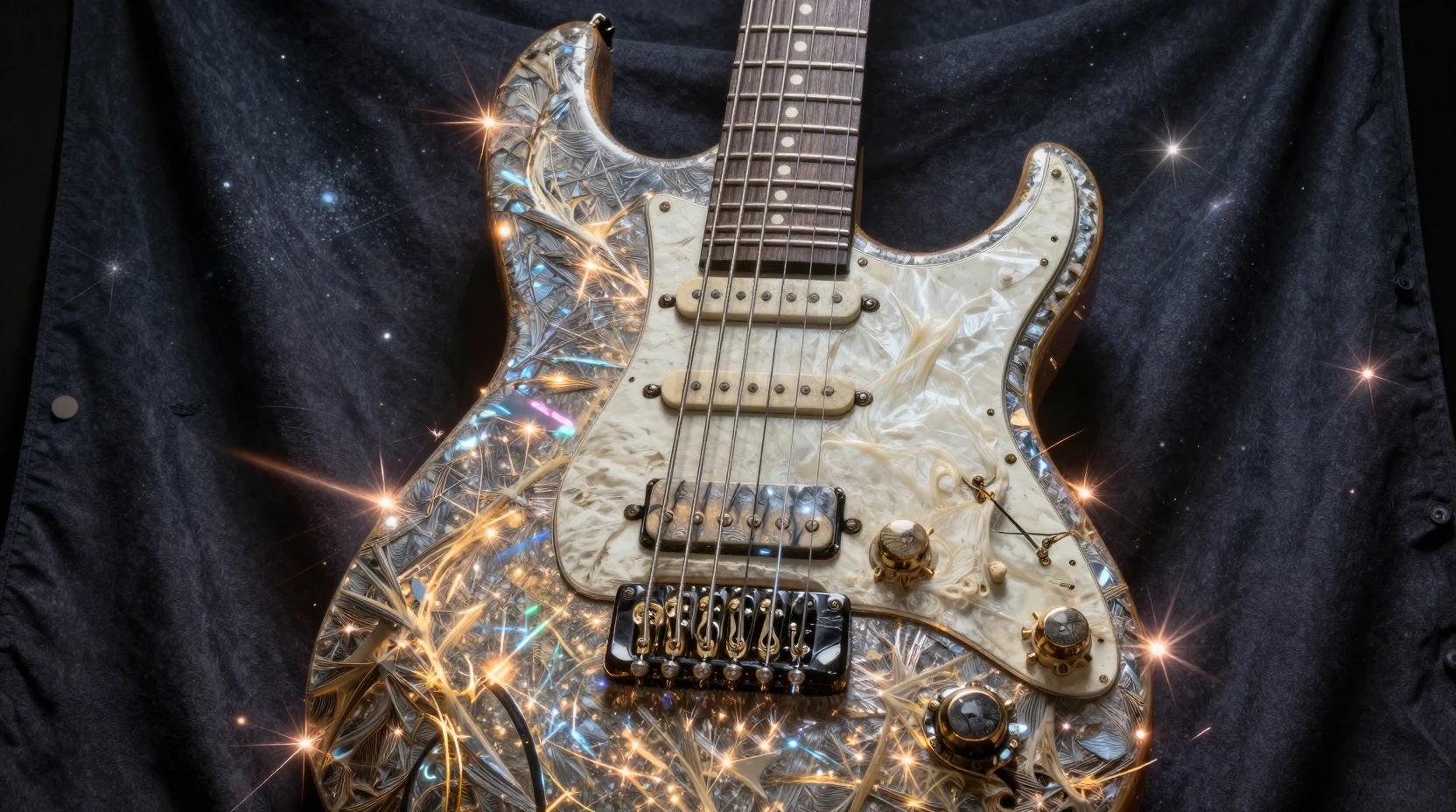 Cosmic electric guitar radiating power through starlit space