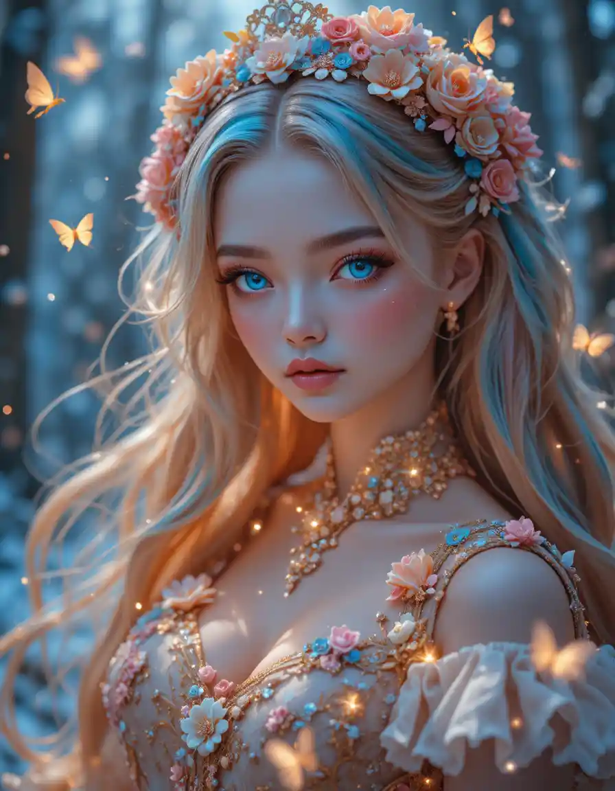 Fantasy doll girl with crystal eyes in snowy forest