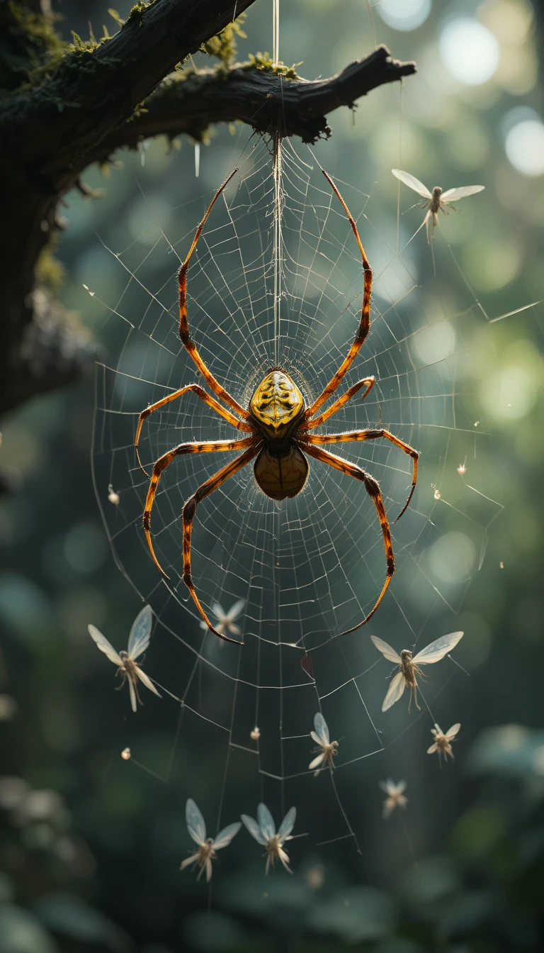 Yellow orb weaver spider hanging on a single silk thread