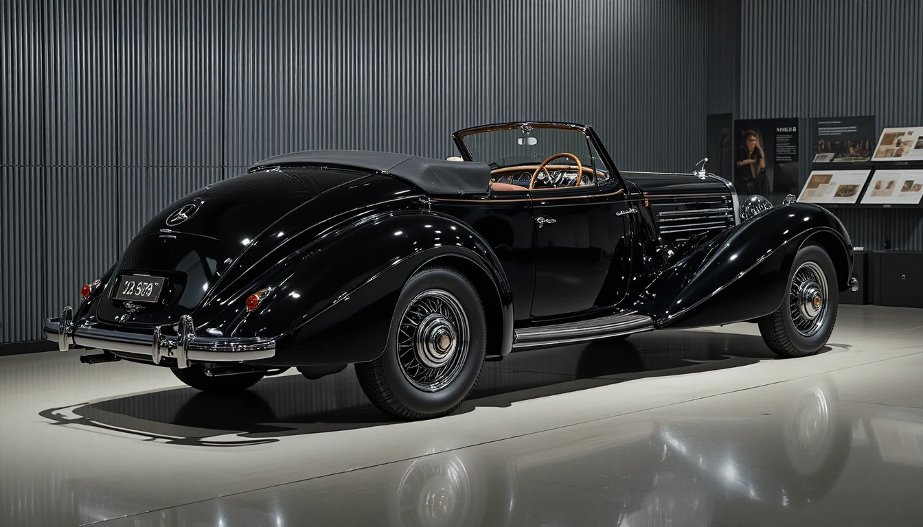 Black 1938 classic cabriolet displayed in a quiet museum