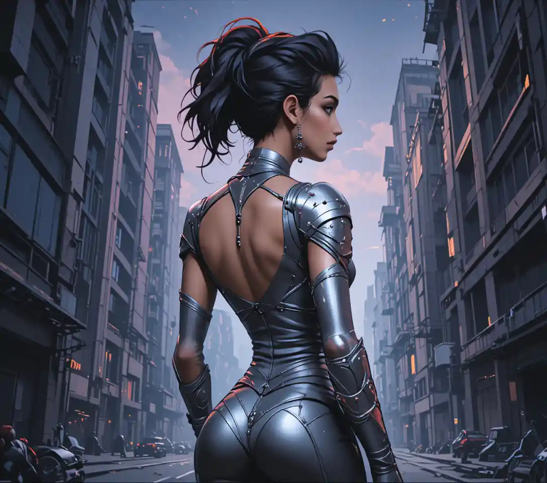 Futuristic warrior woman in silver armor in dystopian city