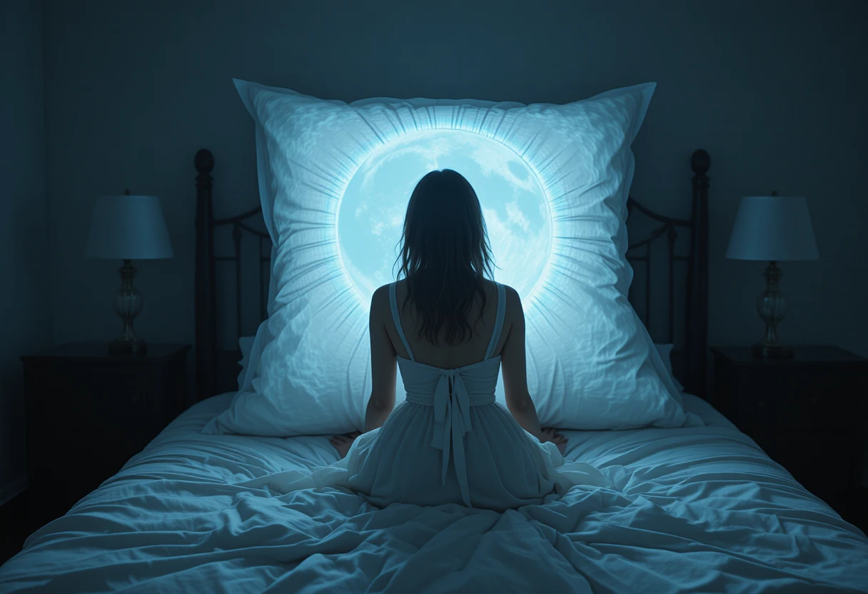 Woman on a bed facing a glowing moonlit pillow