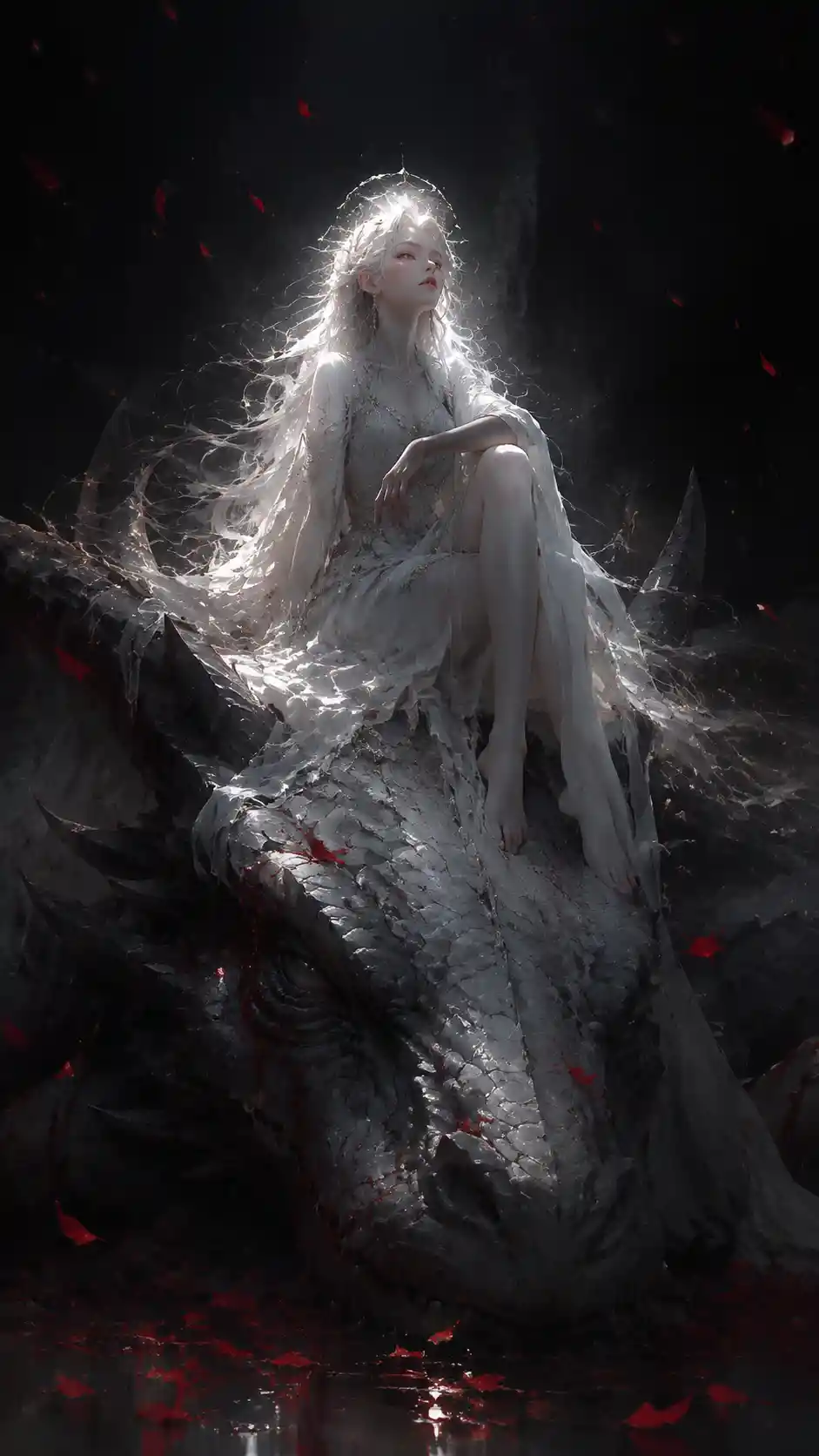 Girl Sitting On Fallen Dragon In Dark Fantasy Scene