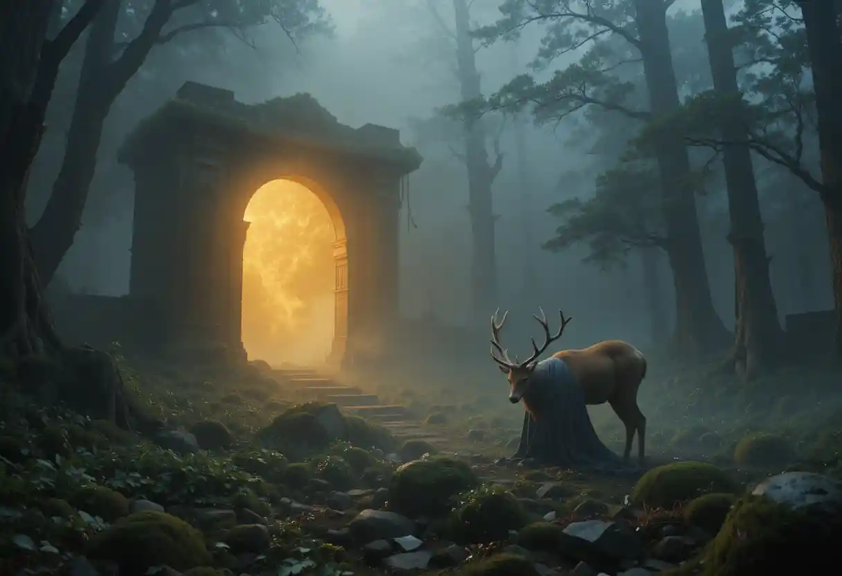 Golden stag emerging from mist in a silent forest