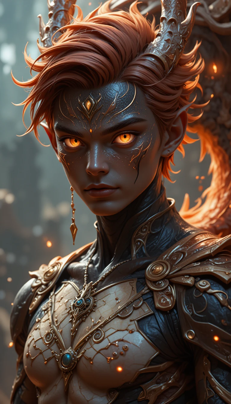 Young dragon man with amber eyes and dark red hair