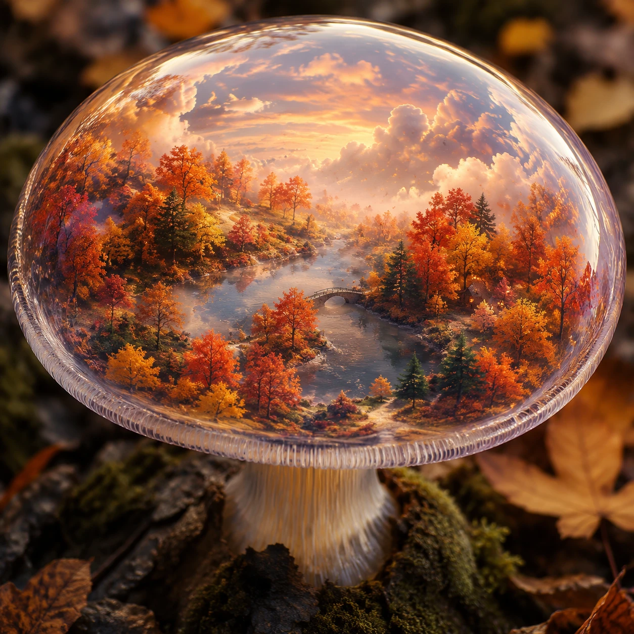Fantastical mushroom revealing a tranquil autumn forest