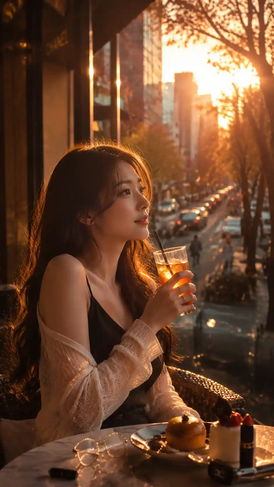 Japanese girl at omotesando cafe in golden hour backlight