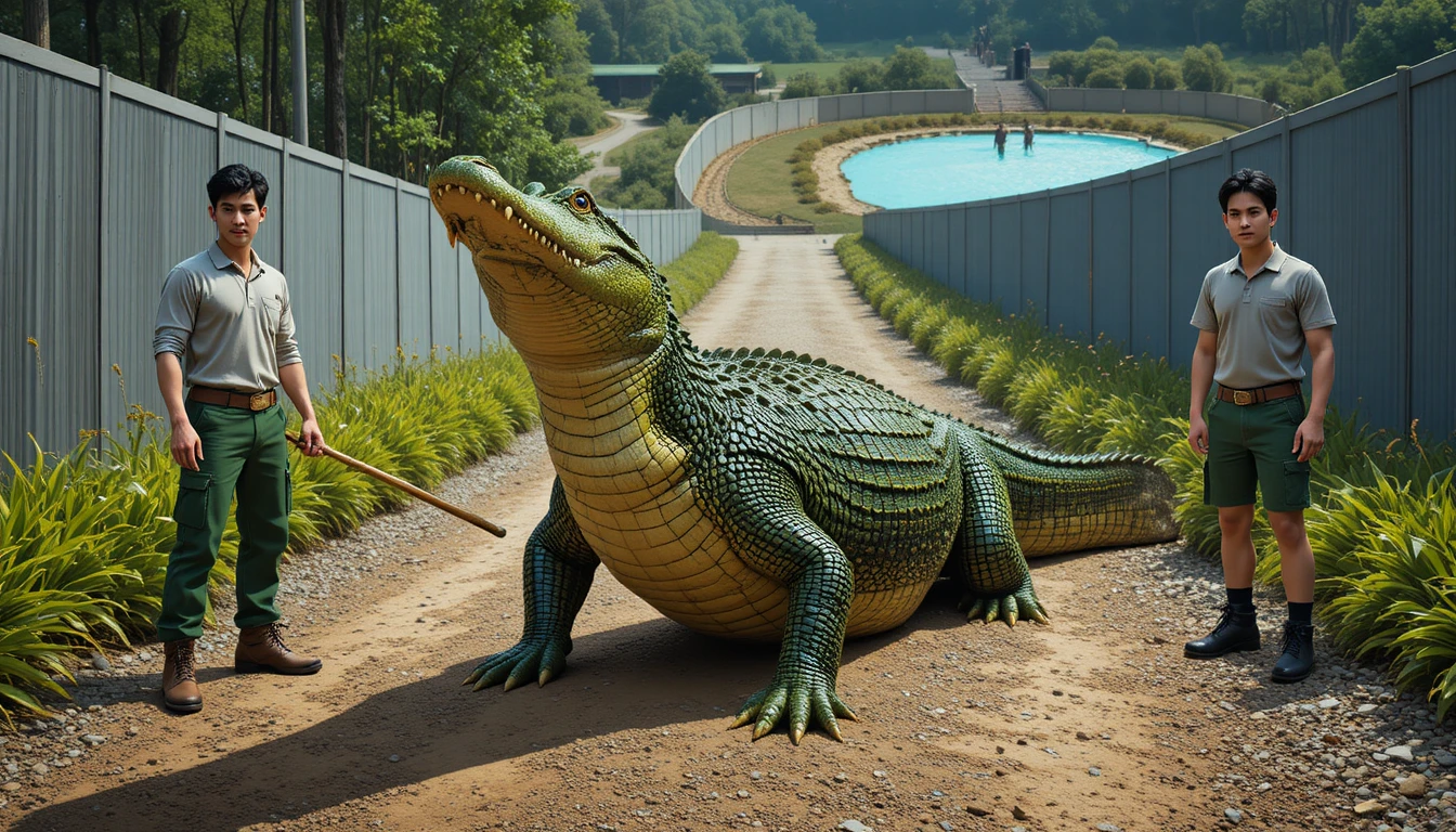 Large crocodile on dirt path with two handlers