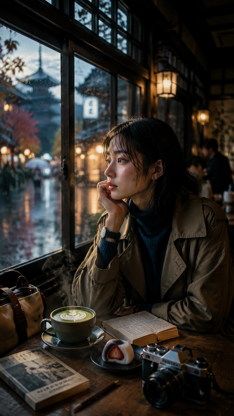 Pensive Japanese girl in a Kyoto coffee shop at dusk