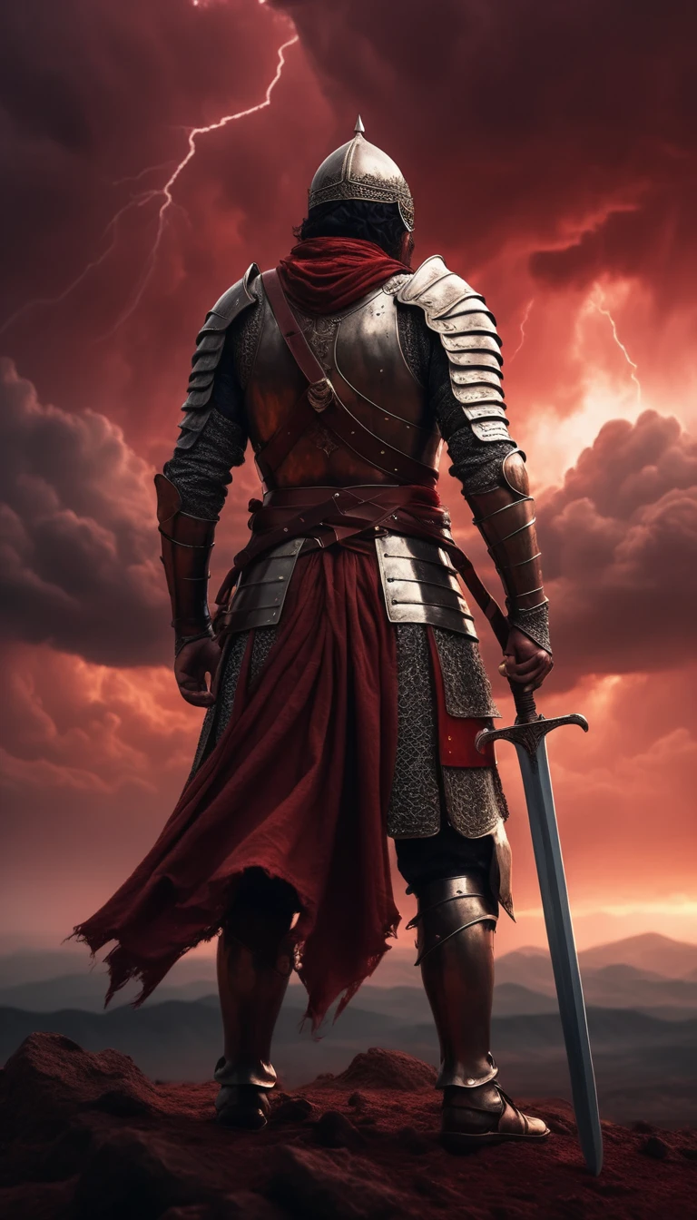 Lone Armored Man With Sword Under Red Stormy Sky