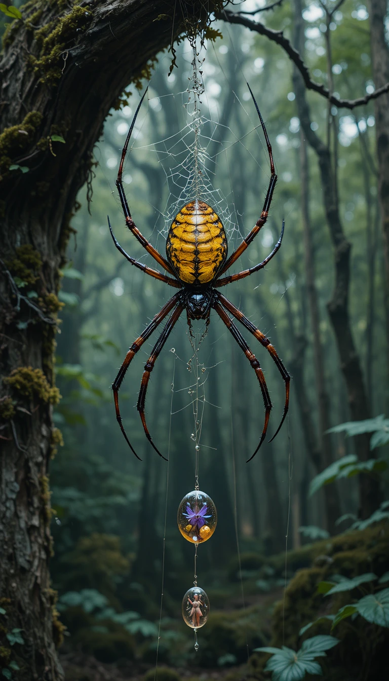 Orb weaver spider on web of trapped fairies in forest