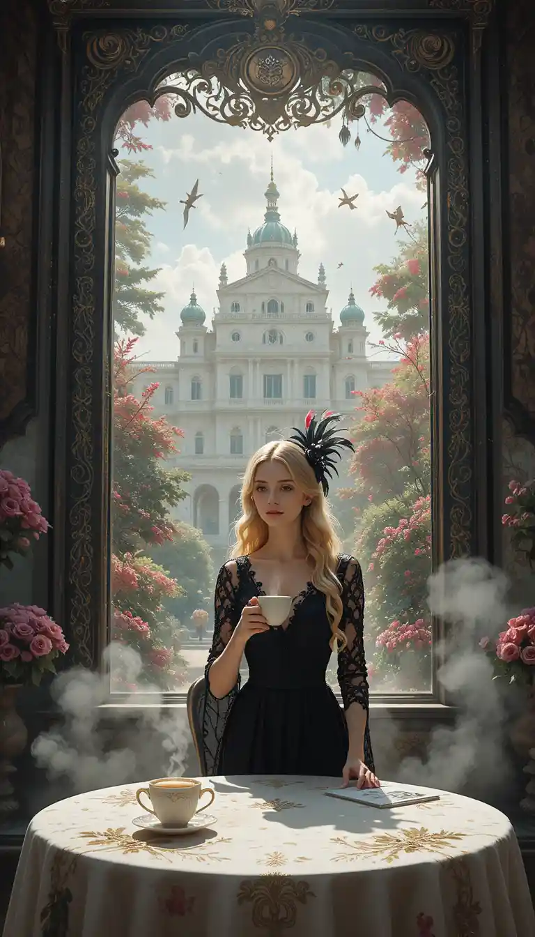 Elegant blonde aristocrat with coffee in a sunlit palace
