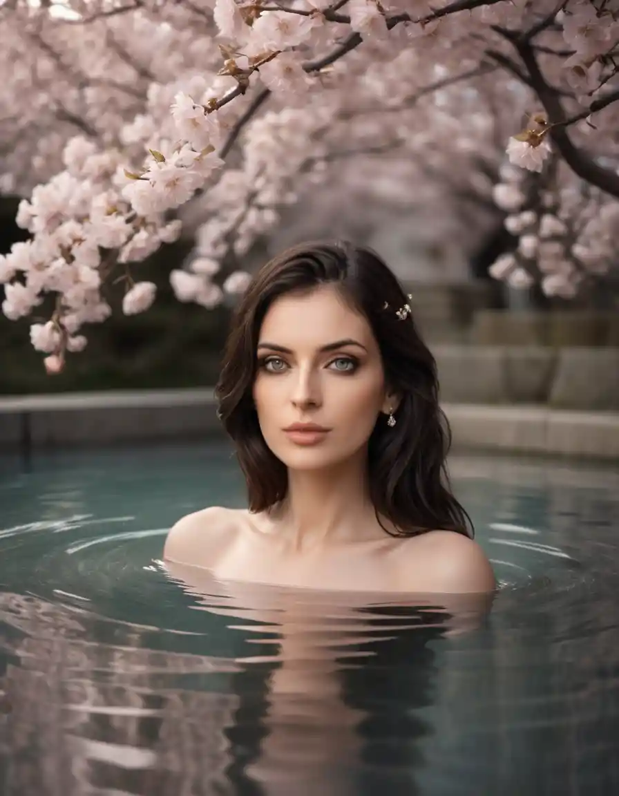 Serene woman in a blossom filled pool under golden light