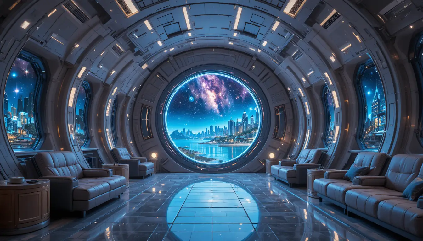 Surreal living room portal opening to a cosmic shoreline city