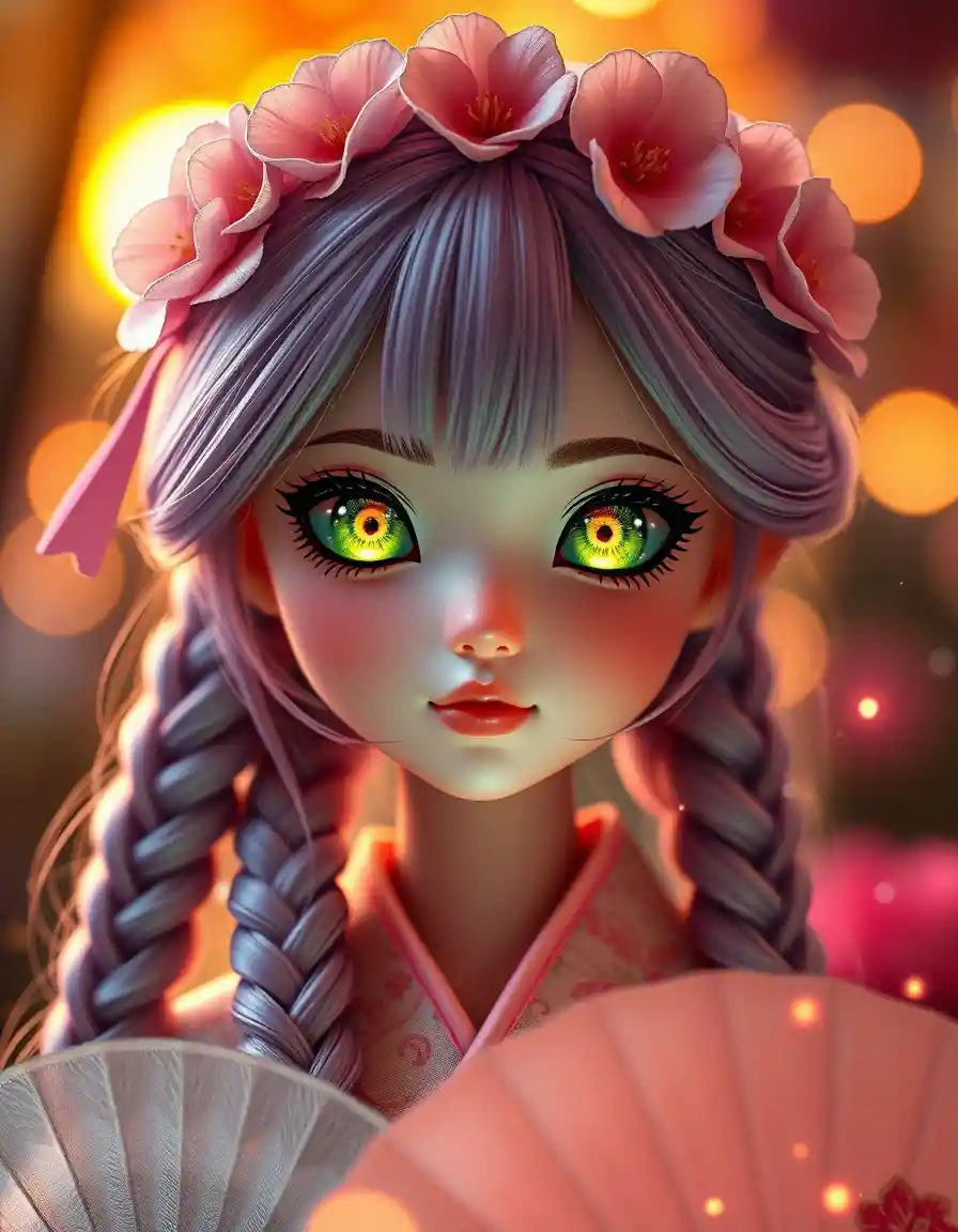 Anime doll girl in floral kimono at golden garden sunset