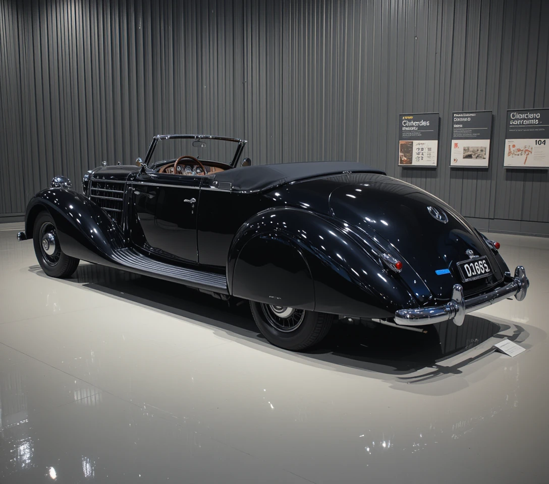 Black 1938 convertible classic car in a quiet museum display