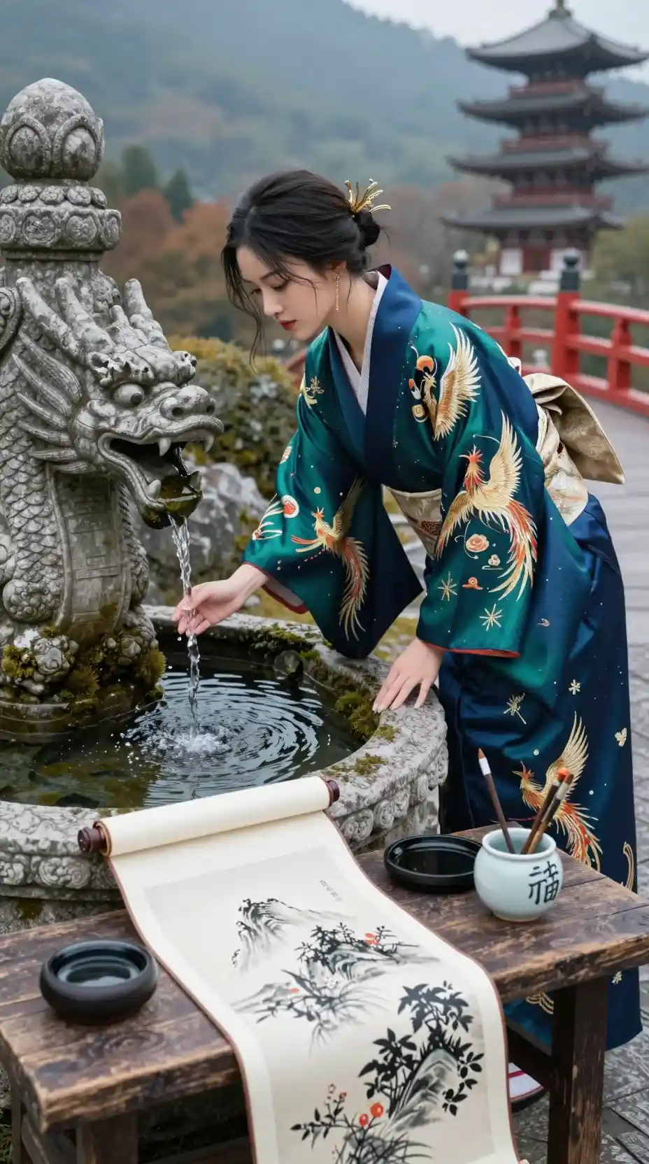 Elegant woman in silk kimono beside ancient stone fountain