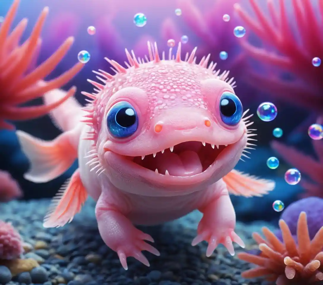 Cute pink cartoon axolotl with bubbles on white background