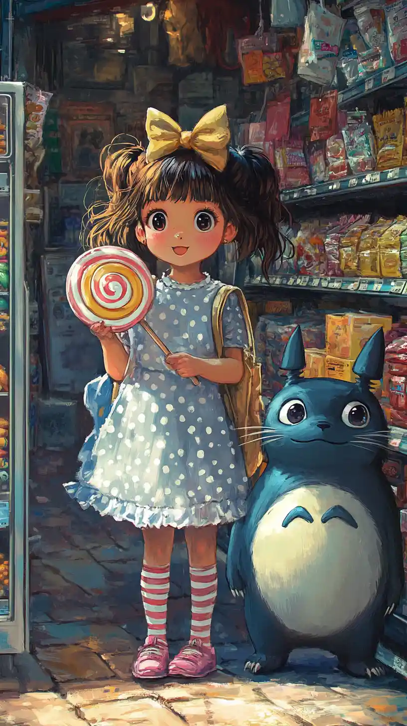 Dolce ragazza anime che fa shopping accanto a una creatura al supermercato