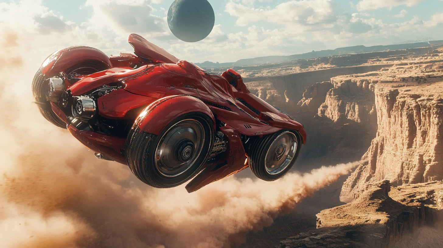 Futuristic red motorcycle jumping across alien desert canyon
