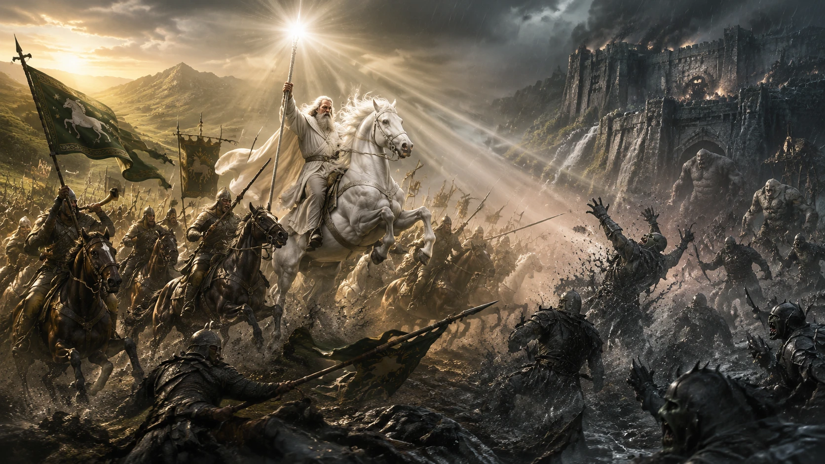 White rider leading a desperate charge toward a besieged fortress