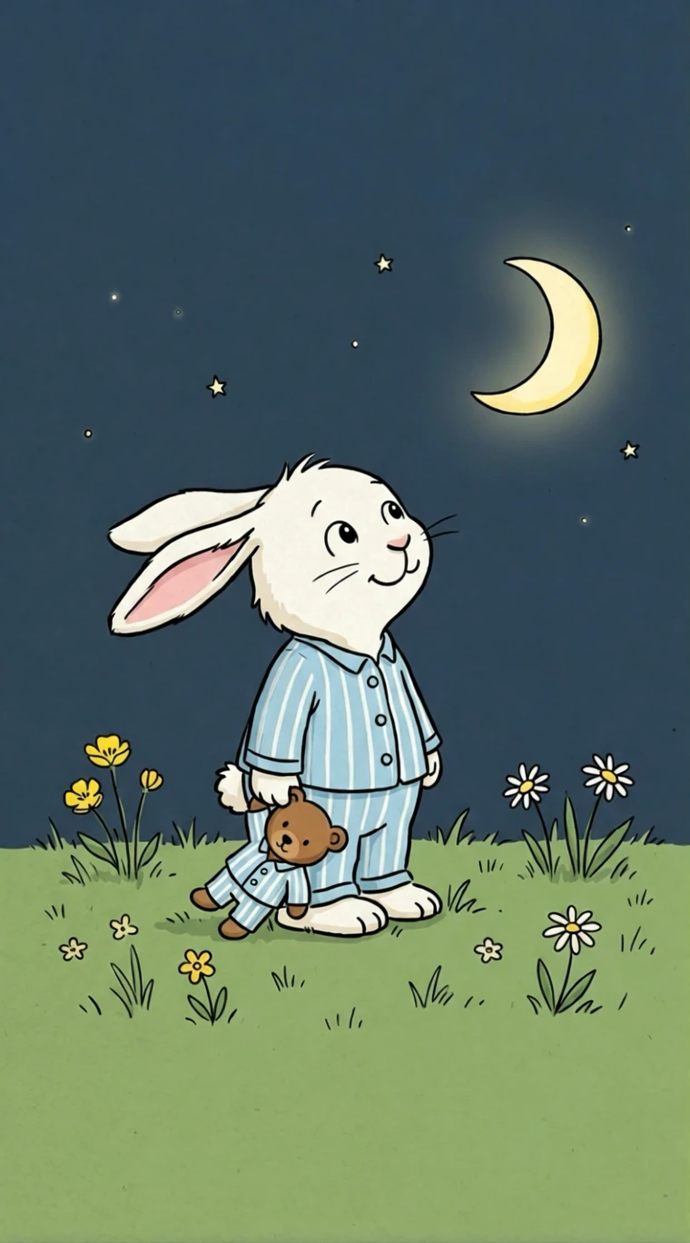 Little rabbit in pyjamas gazing at the moon in a meadow