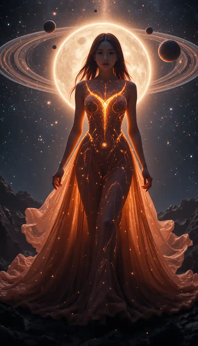 Korean woman in a plasma gown glowing at the center of space