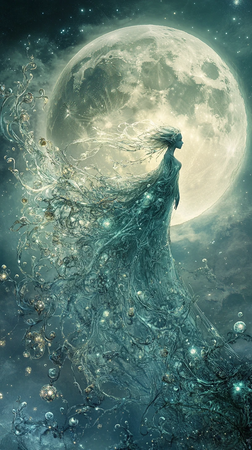 Ethereal elf woman drifting through a misty moonlit landscape