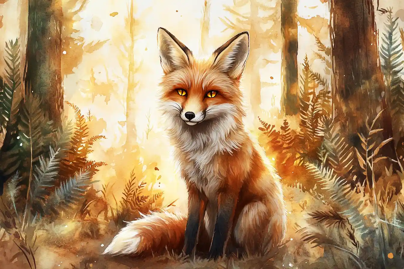 Peaceful red fox resting in a sunlit forest clearing