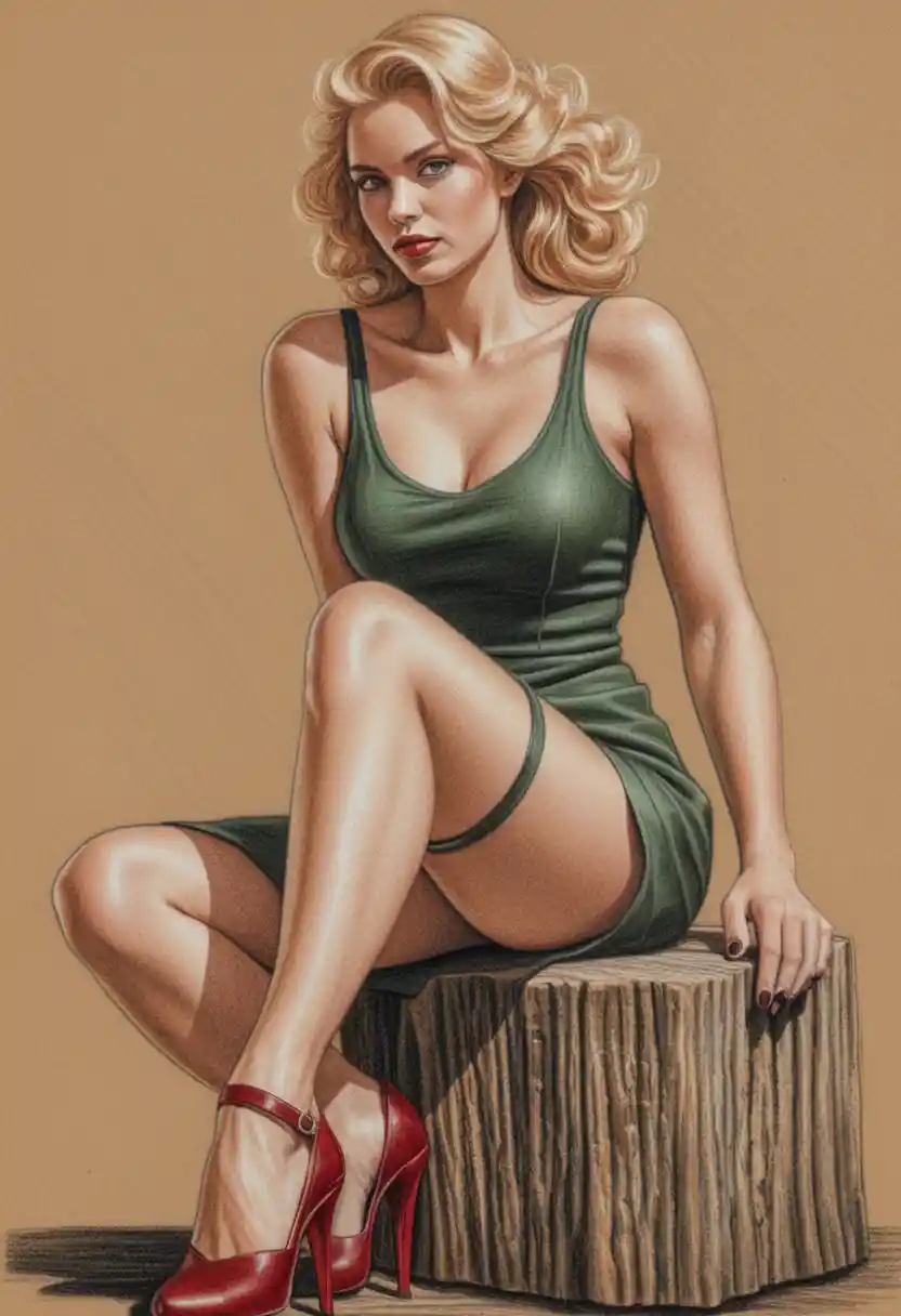 Blonde woman in green dress seated on wooden stump