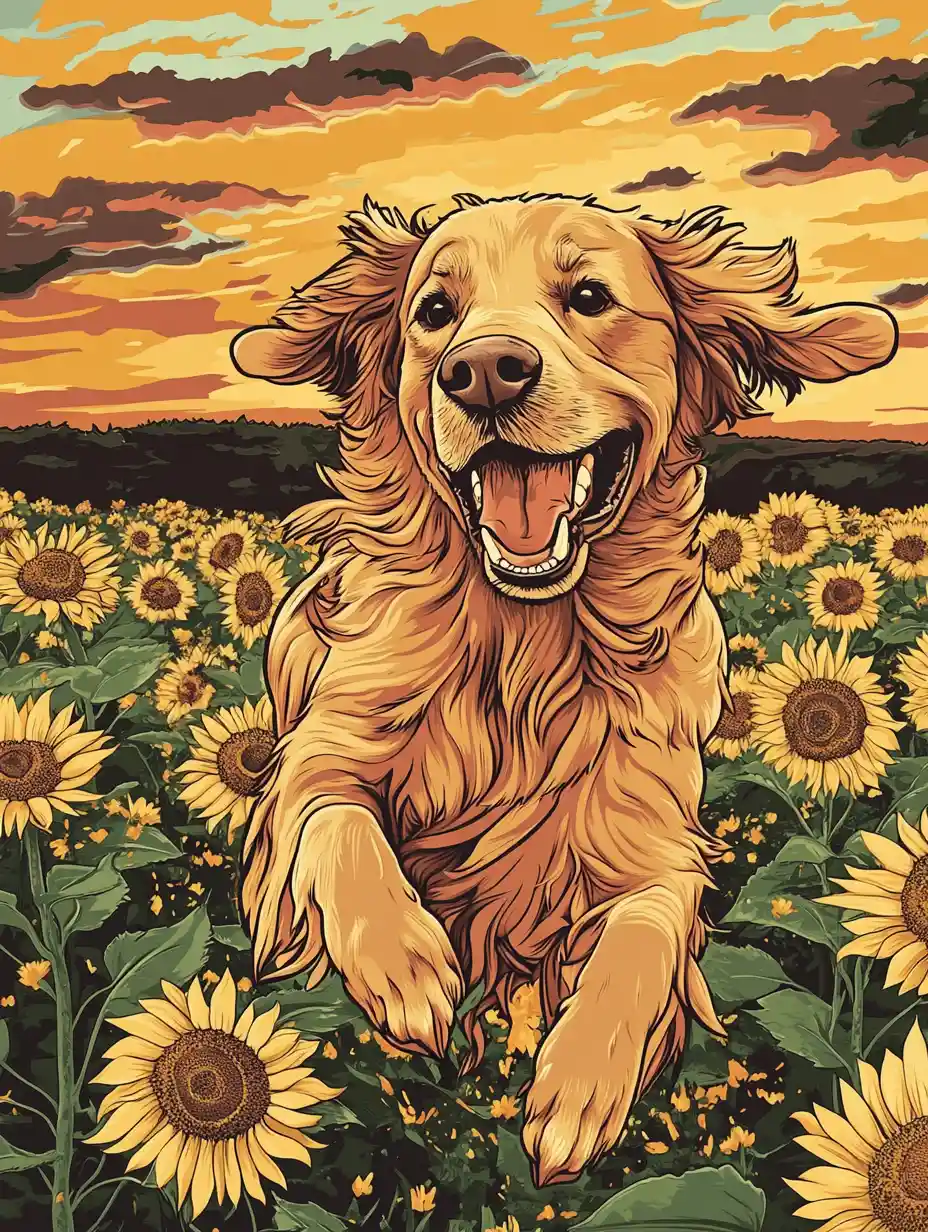 Golden retriever running through a pastel sunflower field