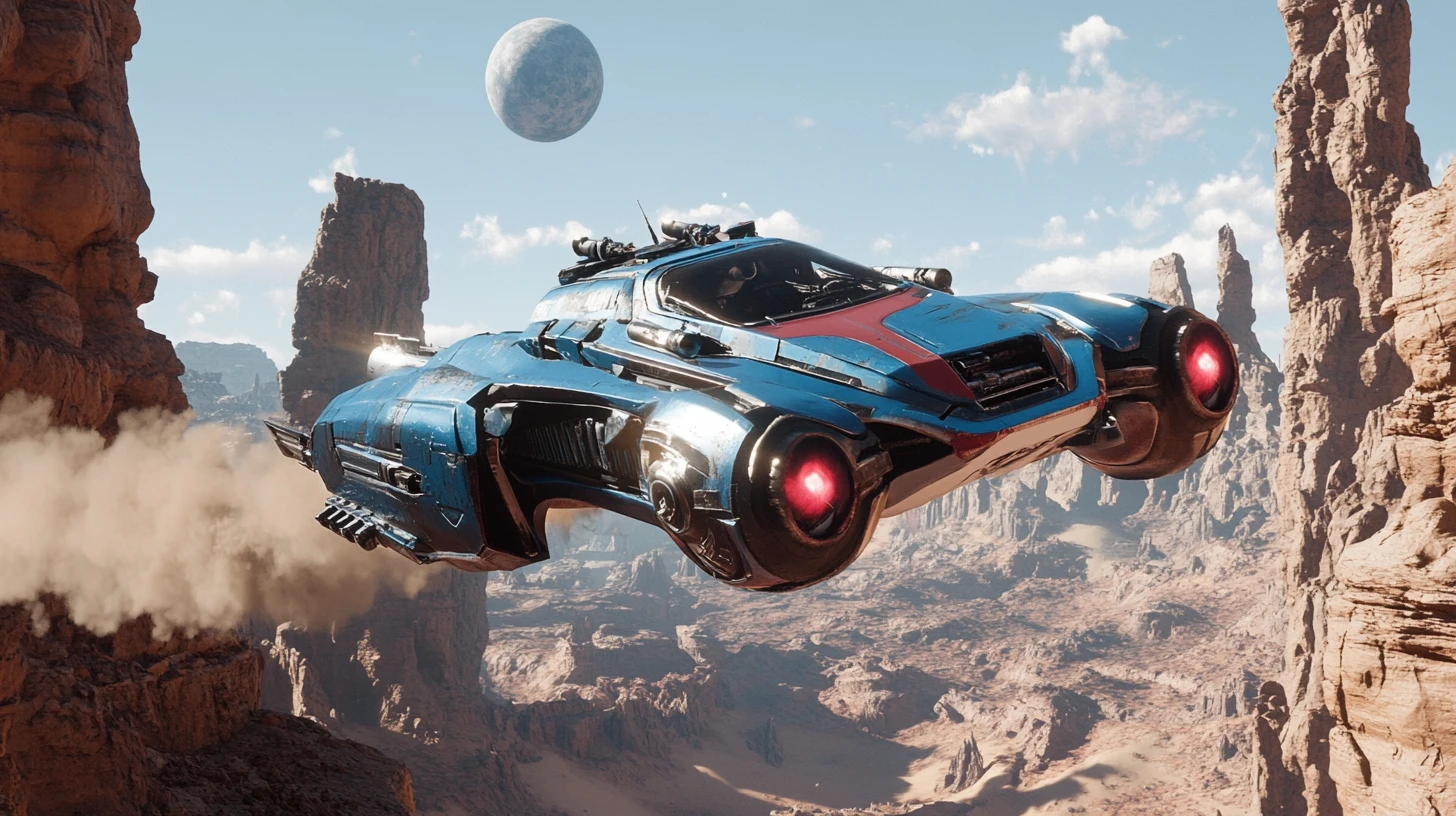 Futuristic landspeeder soaring over a vast desert canyon