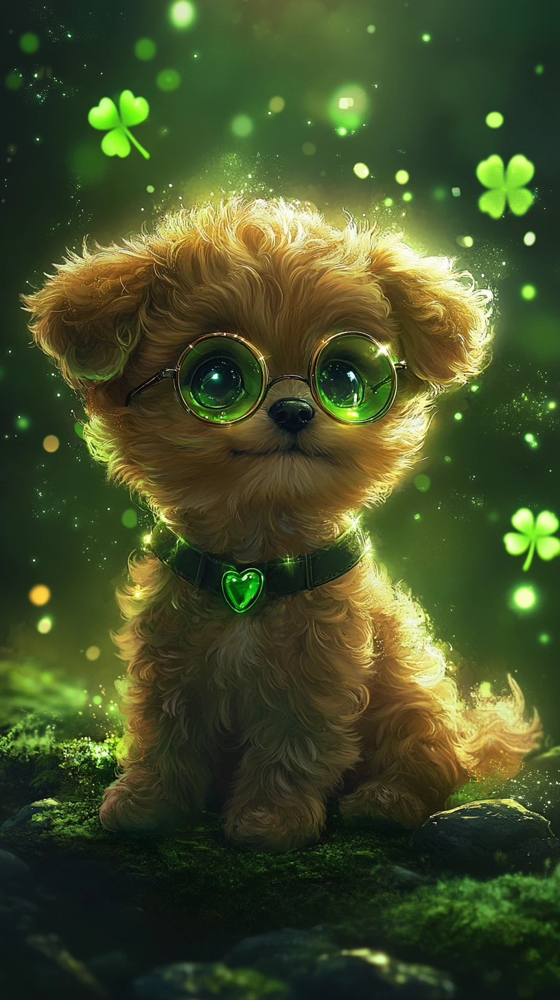 Cachorro mágico con ojos verdes brillantes y tréboles