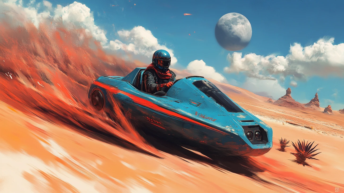 Futuristic speeder racing through an alien desert landscape
