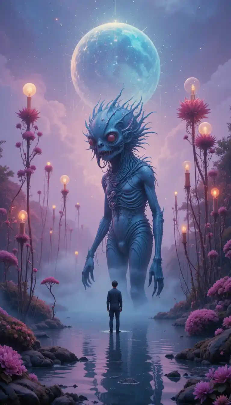 Surreal aquatic creature in a glowing dreamlike landscape