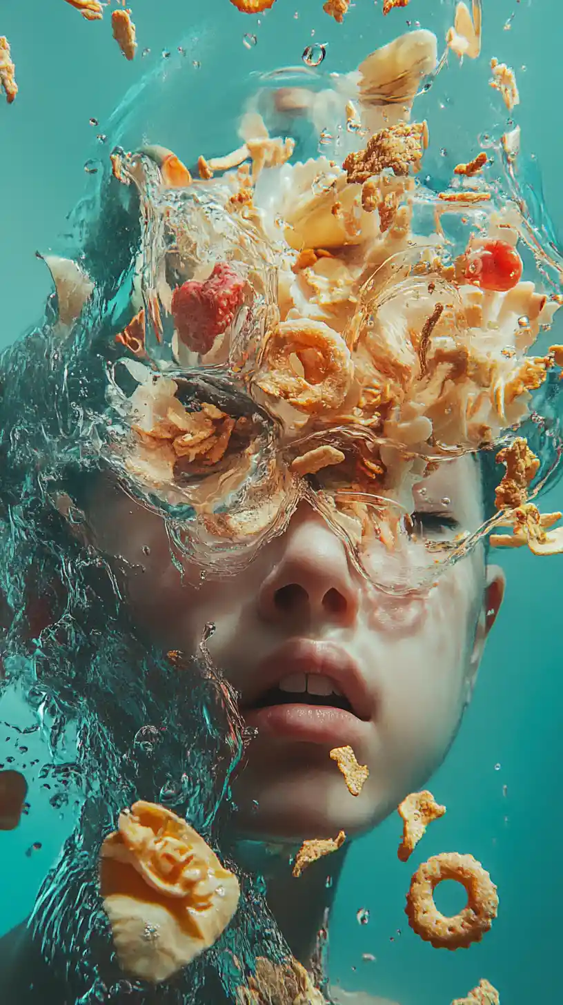 Breakfast cereal mixed with water in a kitchen scene
